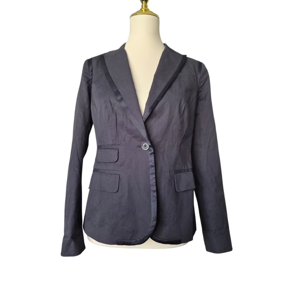 Tory Burch Navy Blazer Size 4‎ Cotton Silk Trim Logo Buttons Tailored Jacket